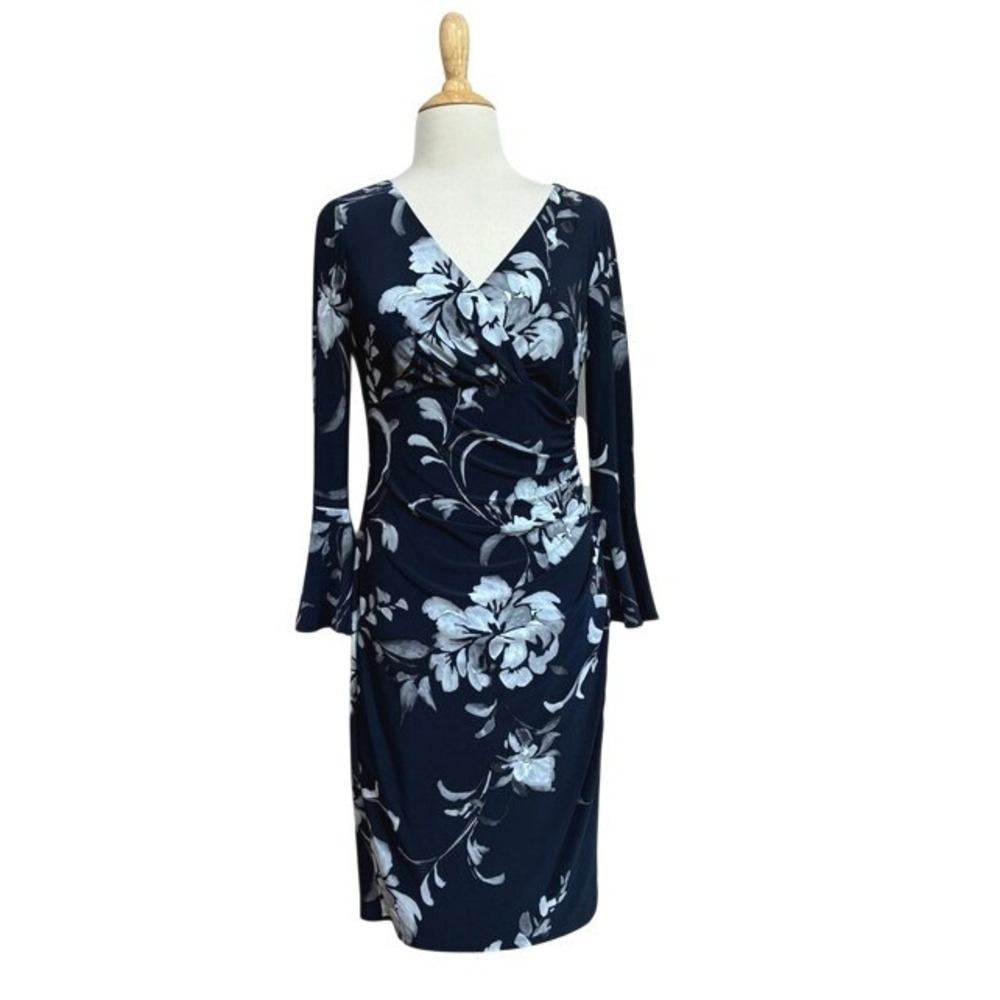 Lauren Ralph Lauren Size 2 Navy Floral Printed Ruched Flattering Boho Midi Dress